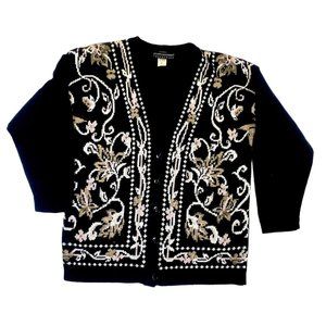 Lauren Alexandra Womens Cardigan Sweater M Black Acrylic V Neck Floral Knitwear